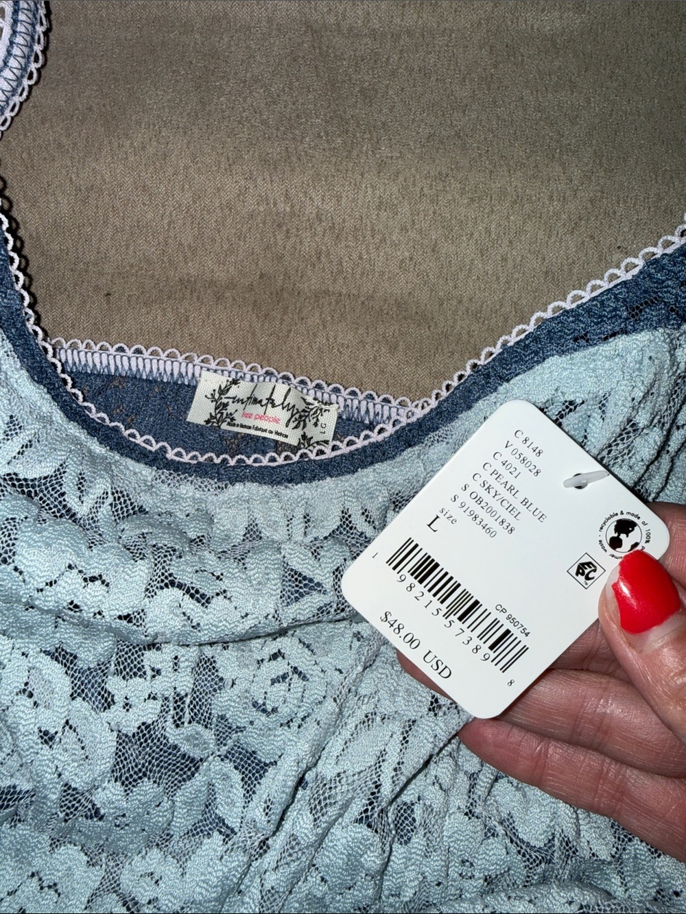 FREE PEOPLE All Day Lace Cami / Pearl Blue Size Large NEW - Picture 6 of 6